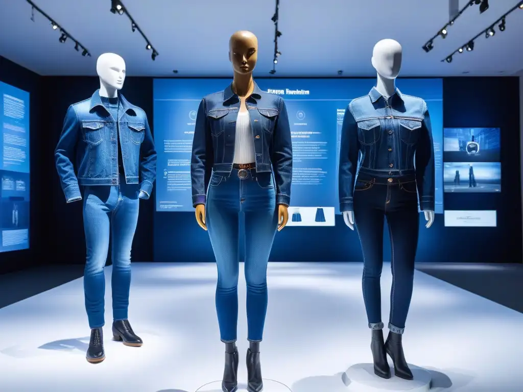 Exhibición futurista de evolución del denim: de vintage a sostenible Exhibición futurista en museo con evolución del denim desde vintage a innovaciones sostenibles