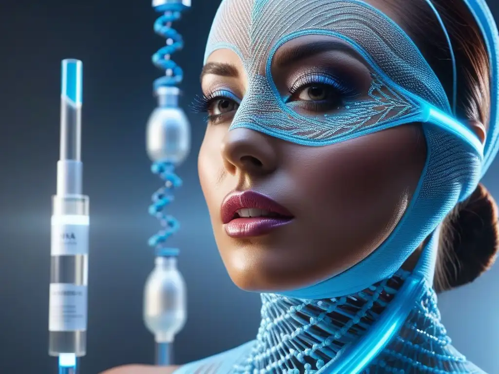 ADN futurista entrelazado con productos de belleza personalizados Un ADN futurista se entrelaza con productos de belleza, representando tratamientos personalizados genética