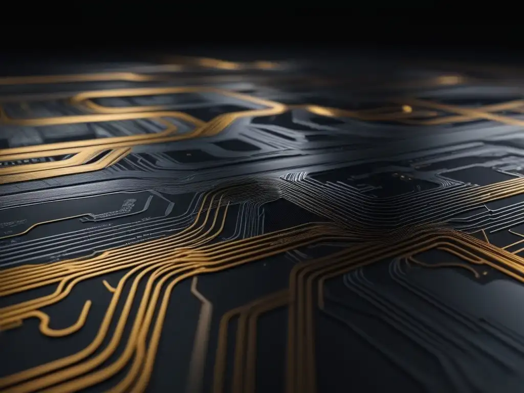 Diseño futurista de tejido metálico con circuitos brillantes en negro Diseño futurista de tela metálica con circuitos en tonos plateados y dorados sobre negro