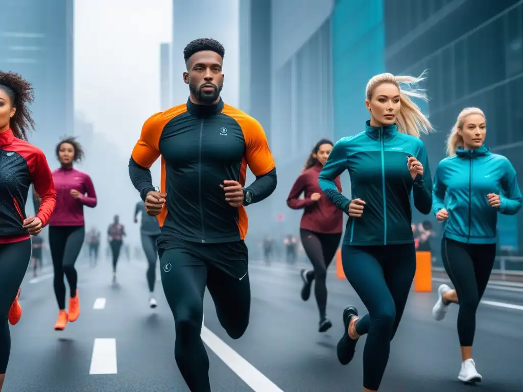 Vida activa: tecnología saludable en la ciudad del futuro Un futuro de bienestar y tecnología: grupo variado usando moda wearables saludables para todos en actividades físicas en la ciudad