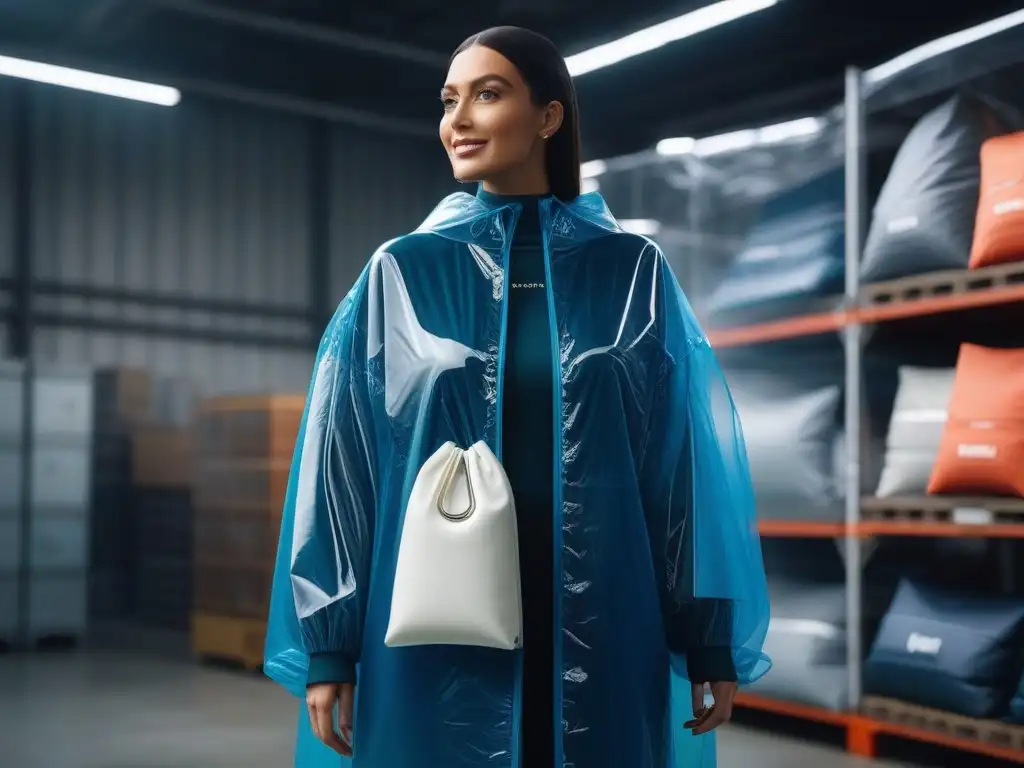 Moda sostenible: Bolsa transparente biodegradable con diversidad Un futuro sostenible en la moda inclusiva: Bolsa transparente biodegradable con prendas variadas, sostenida por modelo sonriente