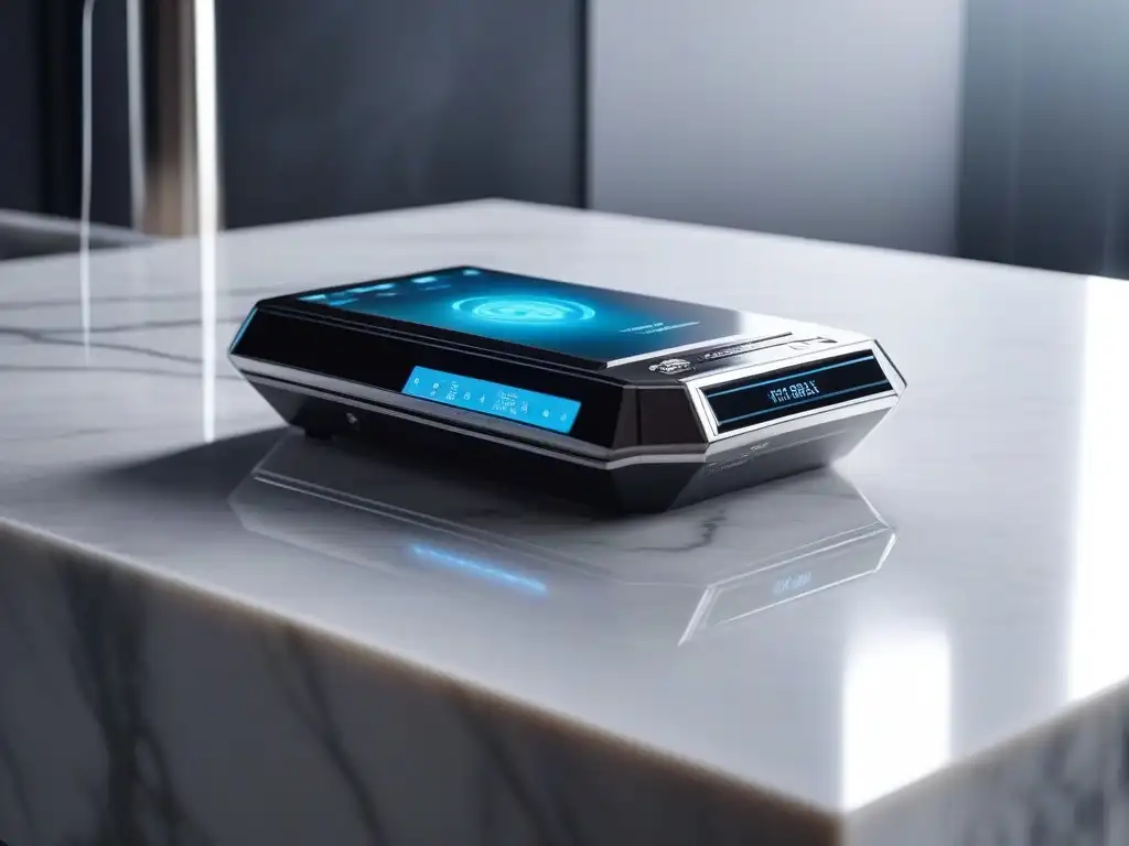 Dispositivo de belleza futurista en mármol con luces LED y pantalla táctil Un gadget de belleza futurista con tecnología para cuidado piel avanzada, rodeado de productos de lujo en un entorno etéreo