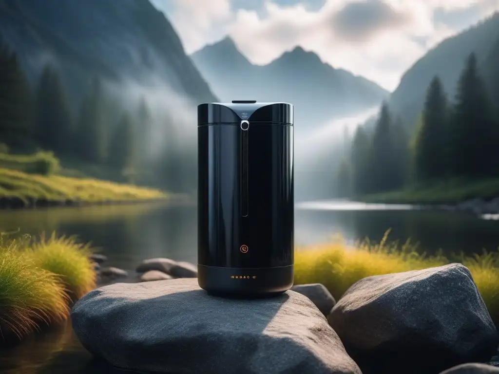 Potabilizador de agua portátil: lujo y salud en la montaña Gadget de viaje de lujo: purificador de agua portátil negro brillante junto a arroyo de montaña bajo el sol