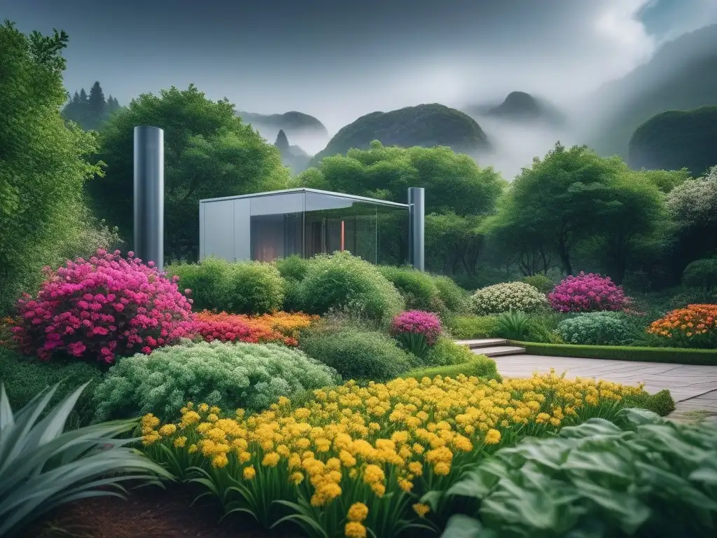 Estación meteorológica futurista en jardín de alta tecnología Gadgets de jardinería de alta tecnología: estación meteorológica futurista en un jardín de lujo