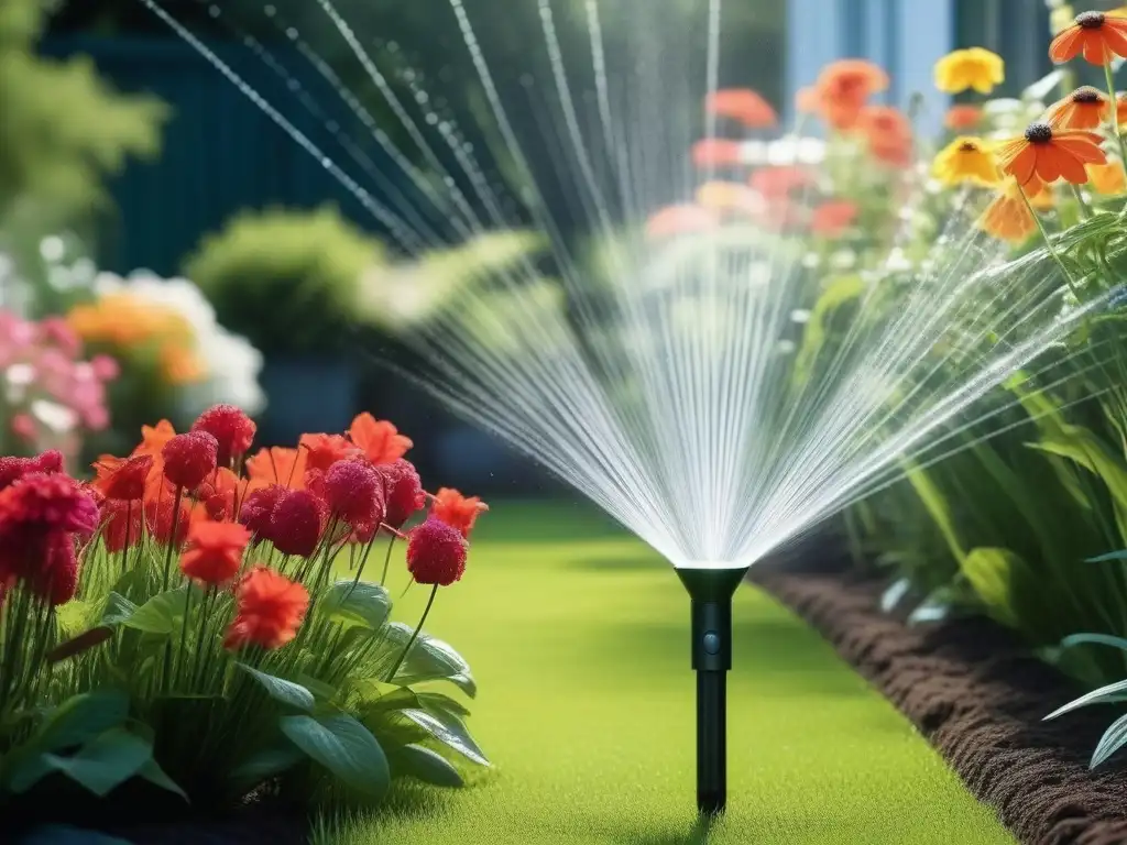 Jardín hightech: riego inteligente en acción Gadgets de jardinería de alta tecnología: sistema de riego inteligente en acción, regando un jardín exuberante al sol