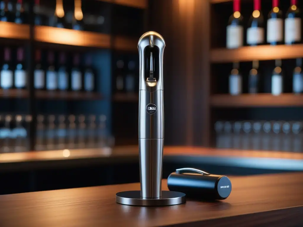 Saca corchos electrónico de acero inoxidable en bodega de vinos Gadgets de lujo para vino: Elegante sacacorchos electrónico y corta cápsulas en un ambiente lujoso de bodega