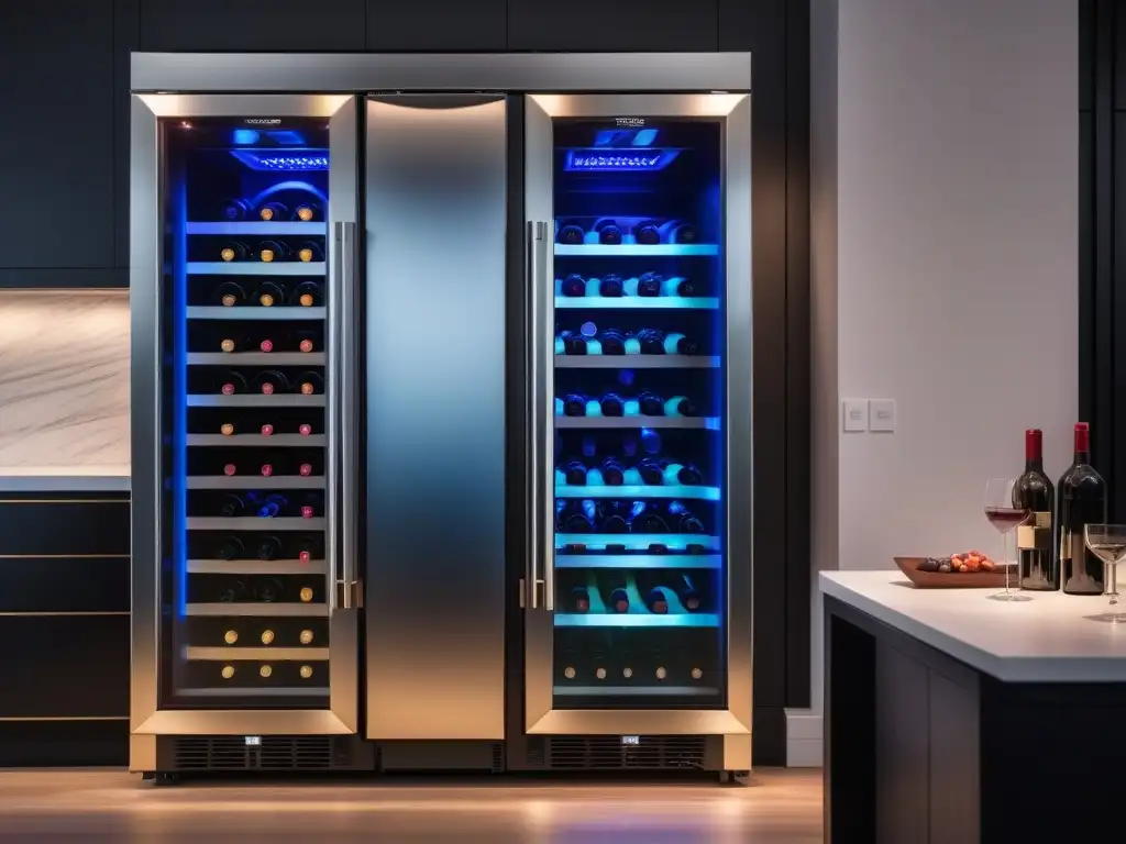 Vinoteca moderna con colección de vinos exquisitos Gadgets de lujo para vino: Elegante nevera con vinos exquisitos y bodega sofisticada iluminada