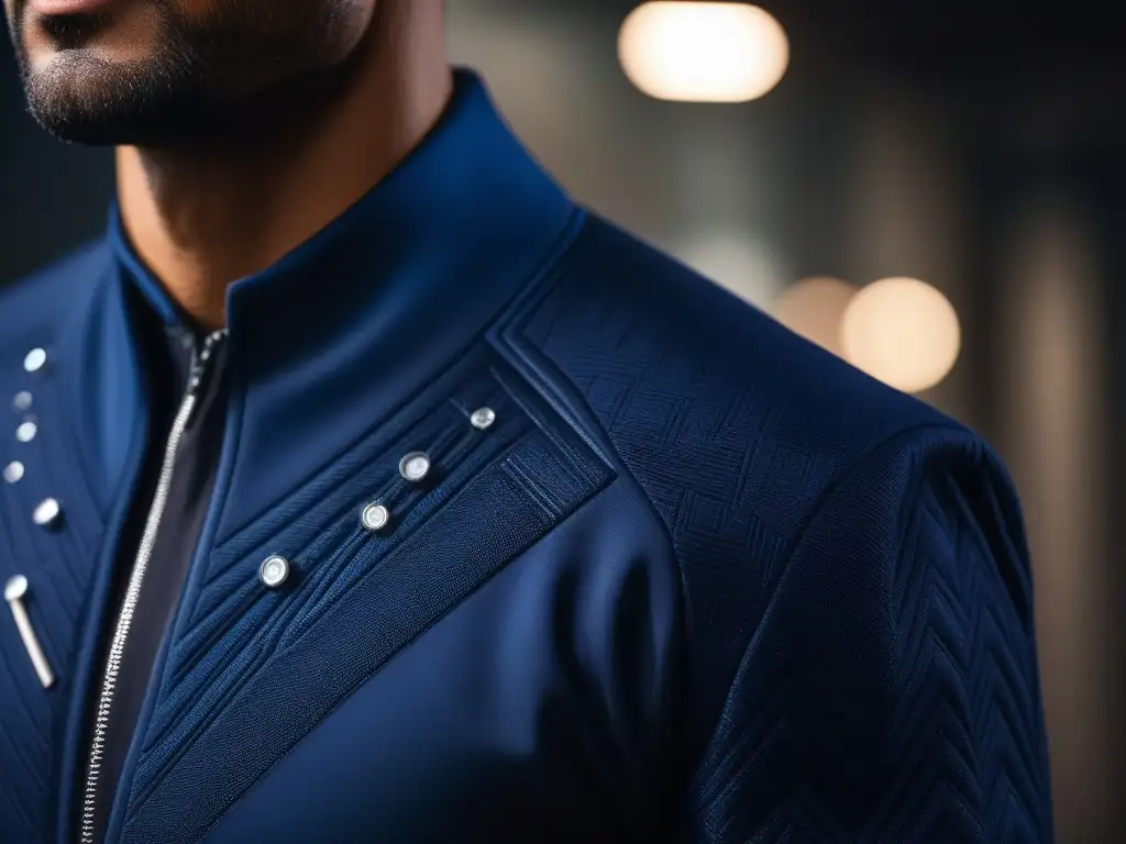 Chaqueta inteligente de alta tecnología en azul marino con luces LED Gadgets de moda alta gama: Detalle de una chaqueta inteligente de tela futurista con luces LED integradas en un elegante azul marino