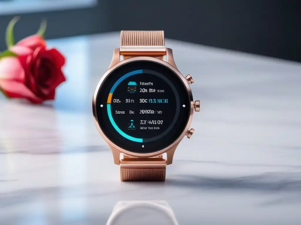 Smartwatch elegante con pantalla vibrante de salud en mármol de lujo Gadgets de moda saludables exclusivos: Smartwatch moderno en tono oro rosa con pantalla vibrante y datos de salud en elegante entorno fitness de mármol