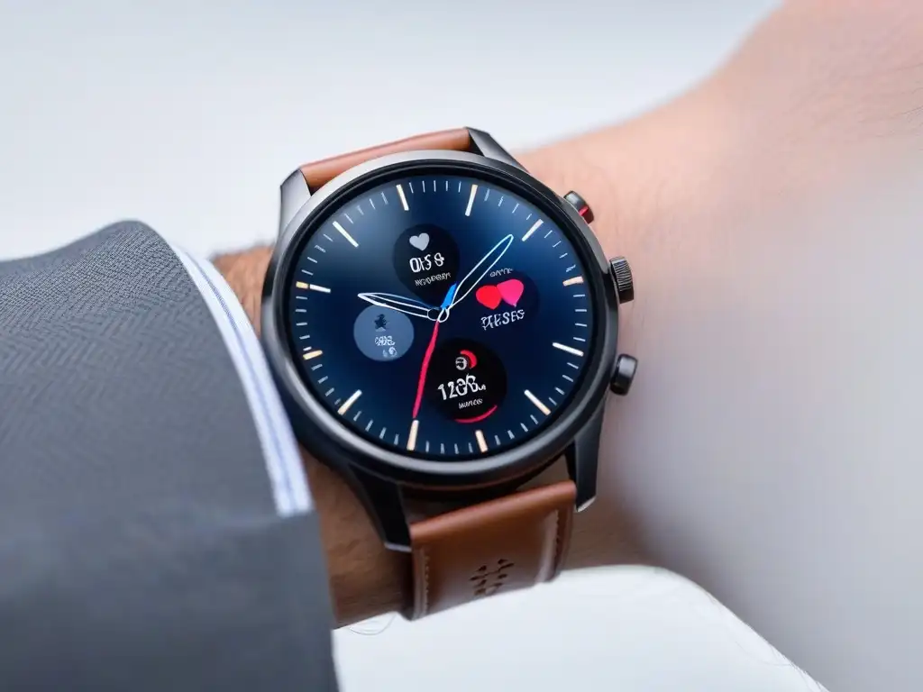 Smartwatch de lujo con monitor de salud avanzado Gadgets de moda saludables exclusivos: un elegante smartwatch con avanzadas funciones de monitoreo de salud, sobre fondo blanco minimalista