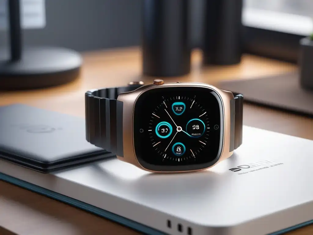 Smartwatch de lujo: diseño elegante y tecnología avanzada Gadgets de moda para vida cómoda: Imagen elegante de un smartwatch futurista sobre un escritorio minimalista con laptop y café artesanal