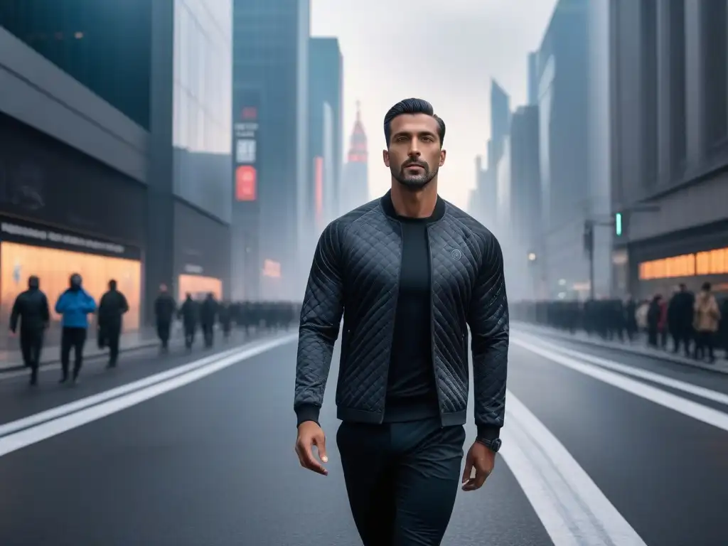 Jacket inteligente: moda y tecnología en armonía Gadgets de moda para vida cómoda: Chaqueta inteligente futurista con LED, control de temperatura y puertos de carga, en ciudad moderna