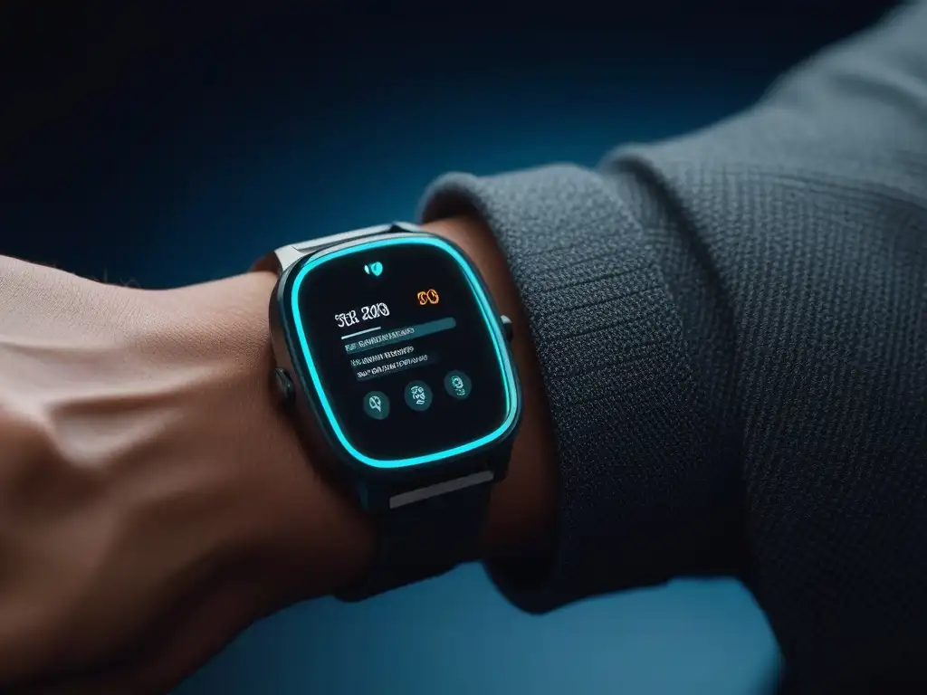 Smartwatch futurista: elegancia y funcionalidad en alta resolución Gadgets de moda para vida cómoda: un smartwatch elegante y futurista con pantalla vibrante de alta resolución, en un entorno minimalista y sofisticado