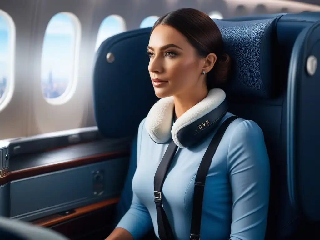 Almohada de viaje de lujo con masaje integrado en asiento de avión de primera clase Gadgets de viaje de lujo: Almohada innovadora en asiento de avión de primera clase con diseño moderno y relajante luz ambiental nocturna