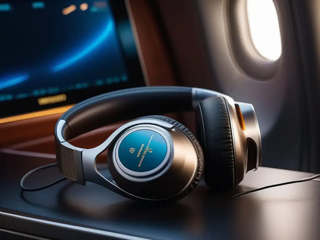 Auriculares de lujo en cabina de avión futurista Gadgets de viaje de lujo: Auriculares modernos en cabina de avión futurista