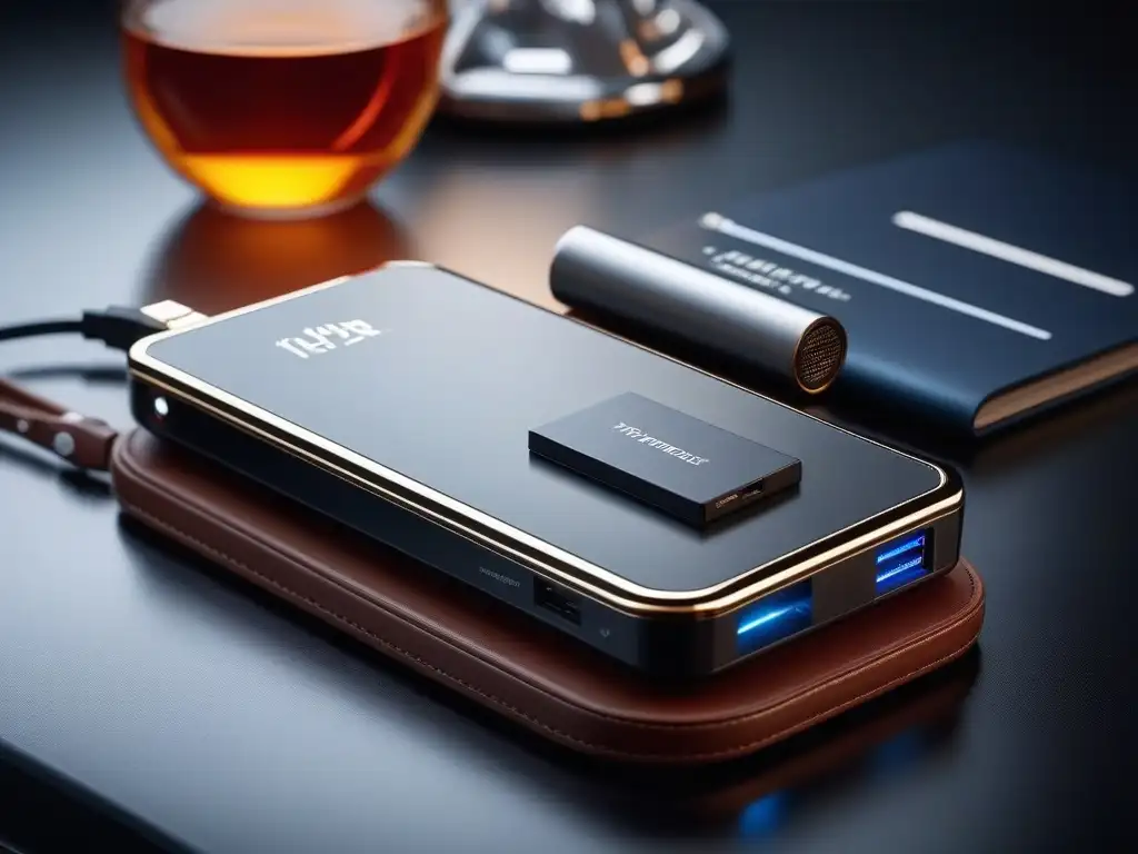 Cargador portátil de alta capacidad en acabado metálico Gadgets de viaje de lujo: Cargador portátil moderno y elegante con pantalla digital, rodeado de accesorios de lujo en un ambiente sofisticado