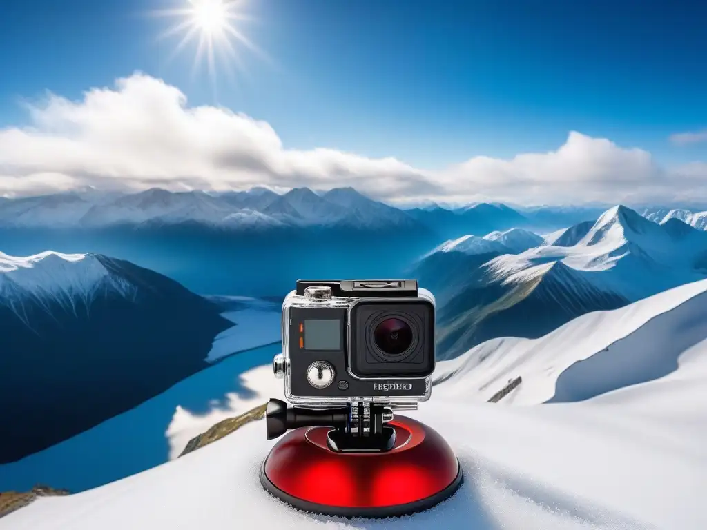 Cámara de acción en casco rojo capturando montañas nevadas Gadgets de viaje de lujo: cámara de acción en casco rojo capturando vista de montañas nevadas bajo cielo azul