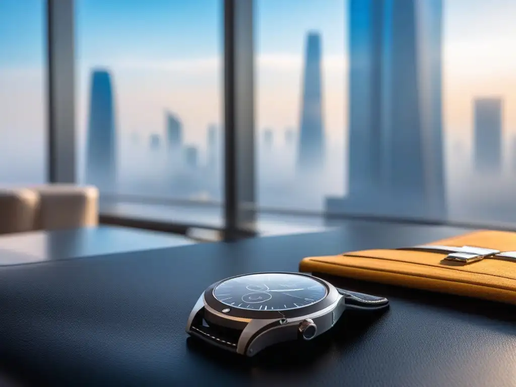 Reloj inteligente y elegante sobre billetera de viaje de lujo, en lounge de aeropuerto con vista a la ciudad Gadgets de viaje de lujo: Reloj inteligente moderno sobre elegante billetera de viaje de cuero en lujoso lounge con vista panorámica de la ciudad