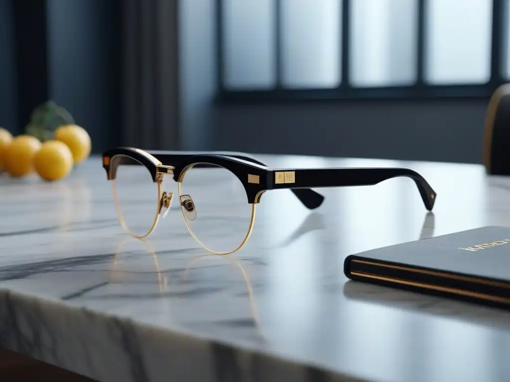 Gafas inteligentes de diseño en mesa de mármol Gafas inteligentes de diseño iluminadas en mesa de mármol, reflejando lujo y estilo contemporáneo en habitación decorada