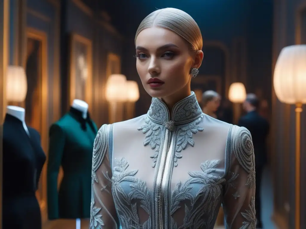 Galería de moda de lujo: fusión de arte y elegancia Una galería futurista de moda de lujo para todos, donde el arte y la alta costura se fusionan en un espacio sofisticado y exclusivo