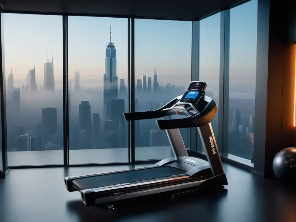 Gimnasio de lujo con vista panorámica a la ciudad Un gimnasio de alta gama con vista panorámica de la ciudad, equipado con tecnología de vanguardia para un entrenamiento diverso y exclusivo