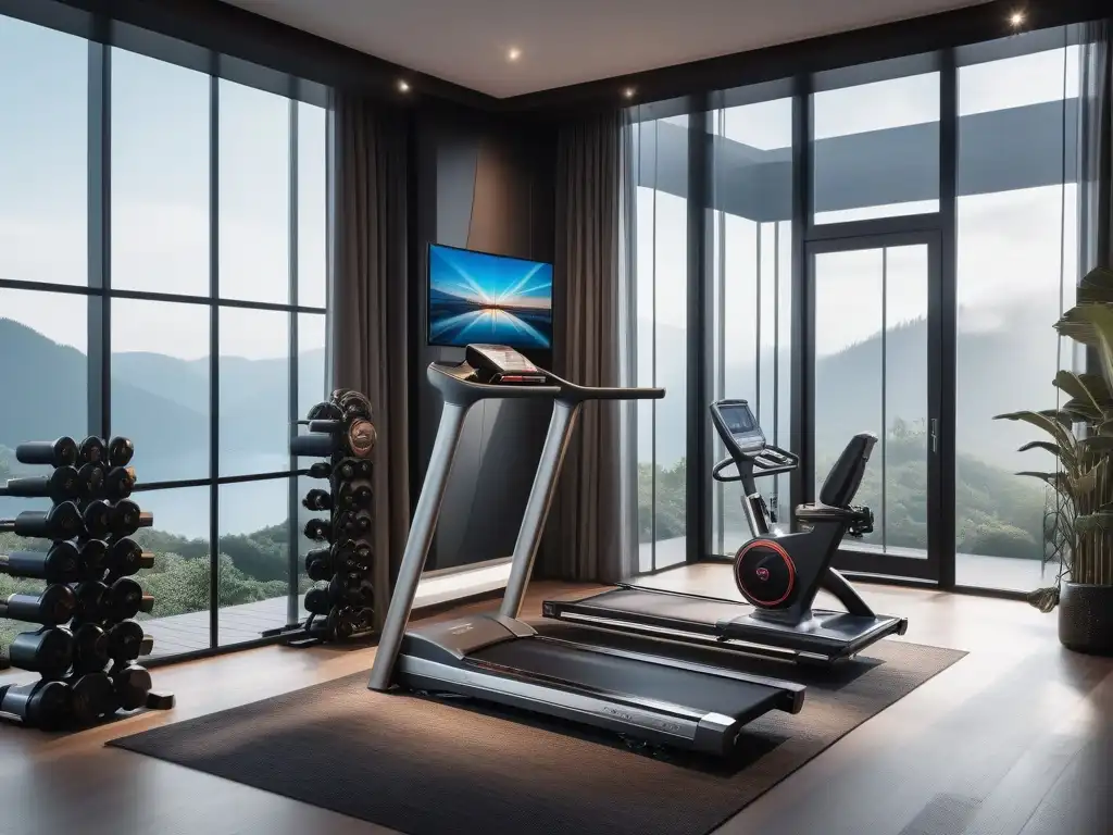 Home Gym de Lujo: Equipamiento Futurista y Ambiente Sofisticado Un gimnasio de casa con equipamiento de lujo y diseño moderno, iluminación ambiental suave