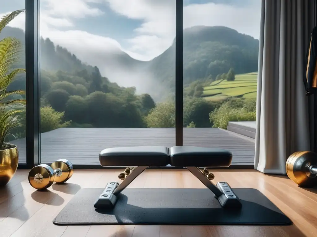 Gimnasio casero de lujo con equipamiento moderno y elegante Un gimnasio en casa de lujo con banco de pesas de cuero, mancuernas cromadas, espejo interactivo y tapete fitness, todo bajo luz natural