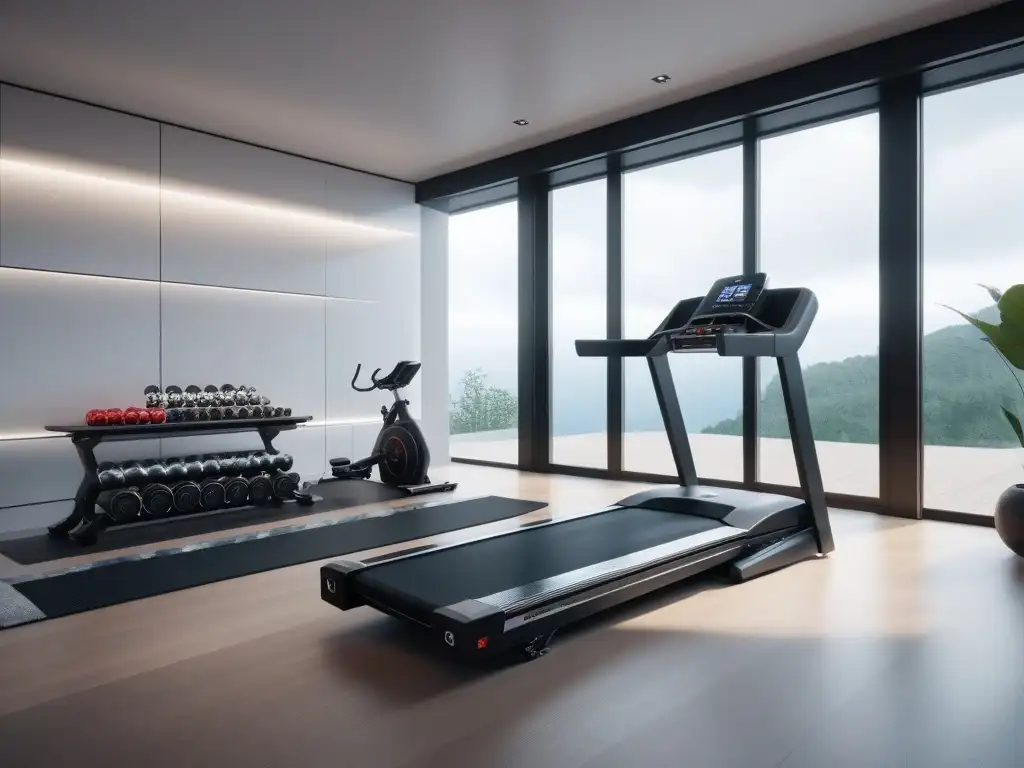 Gimnasio de lujo: equipamiento moderno en espacio exclusivo Un gimnasio en casa de lujo, equipado con lo último en fitness para espacios pequeños