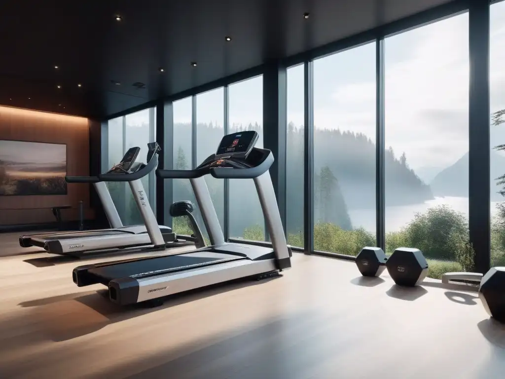 Moderno y lujoso gimnasio en casa: equipo de alta gama y diseño elegante Un gimnasio en casa de lujo con equipamiento fitness de alta gama, motivación y resultados