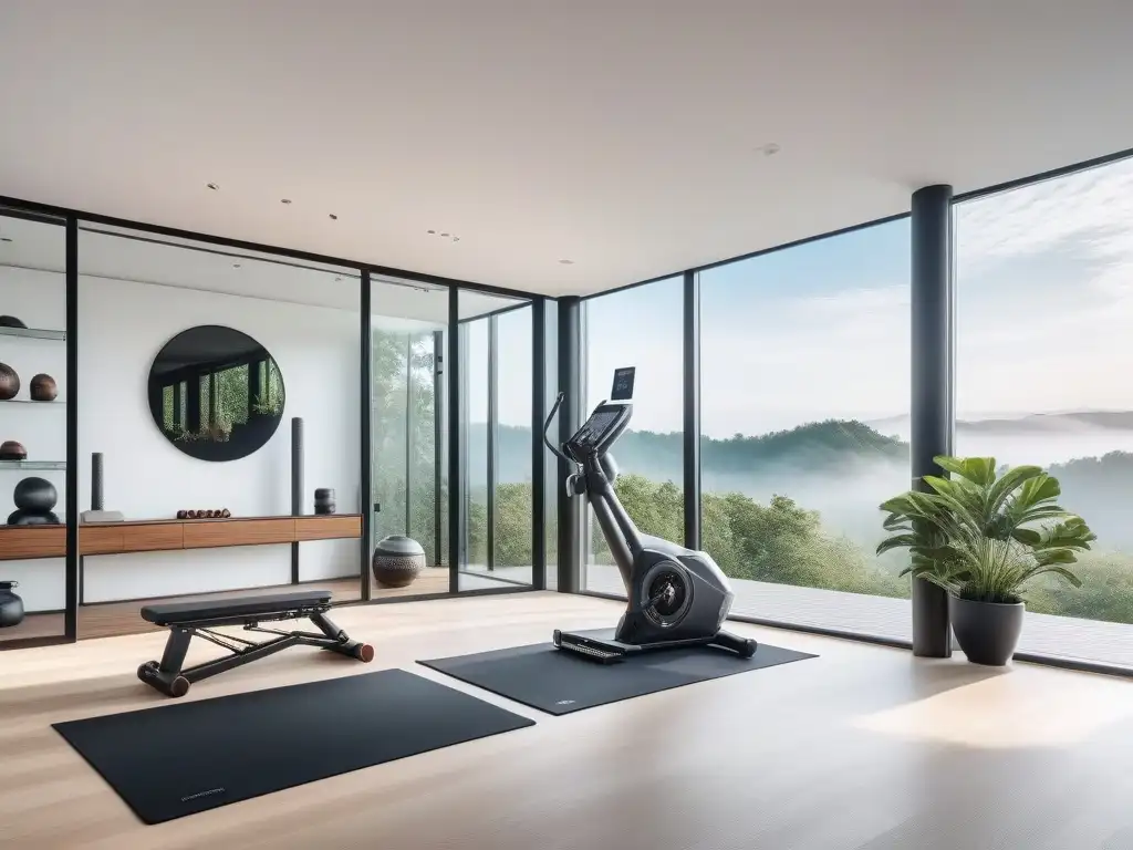 Espacio fitness de lujo: equipo moderno para entrenar en casa Un gimnasio en casa de lujo con equipamiento fitness que aumenta motivación, en un ambiente elegante y funcional