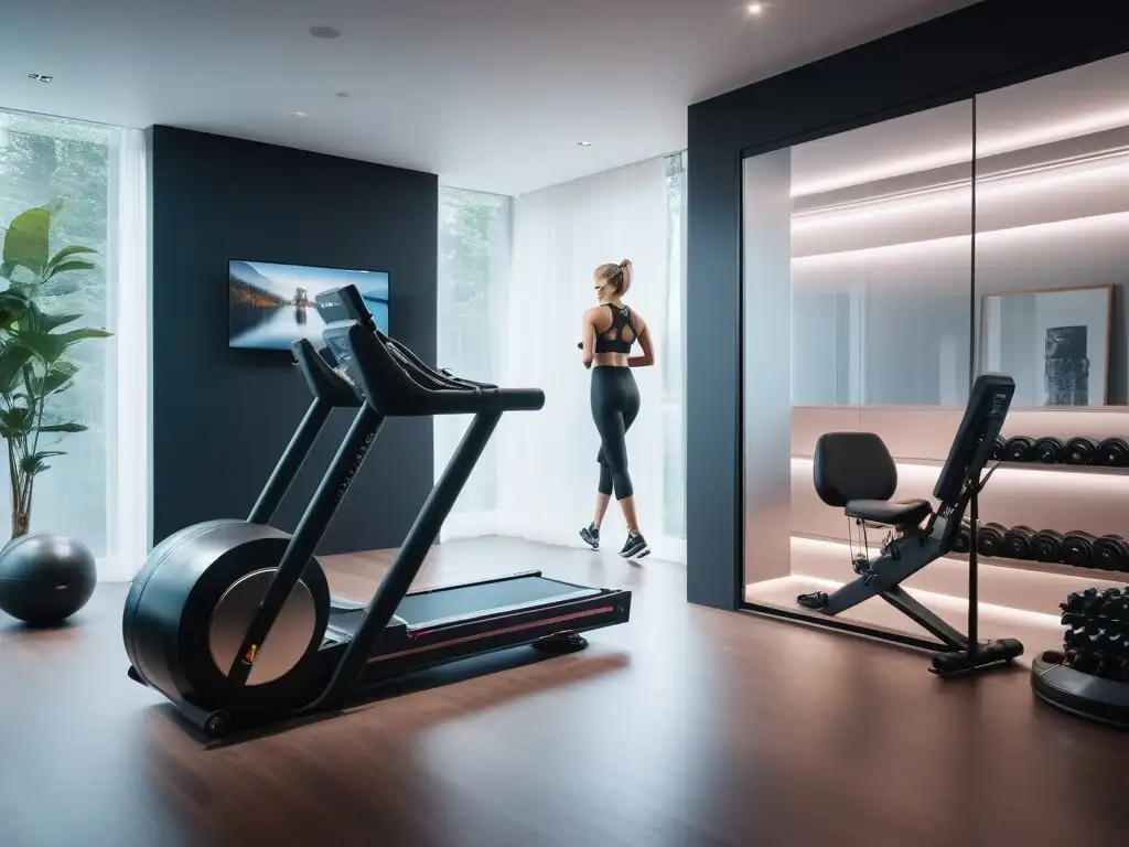 Gimnasio en casa de lujo con equipamiento de última generación Un gimnasio en casa de lujo con equipamiento fitness de alta gama en un ambiente moderno y sofisticado
