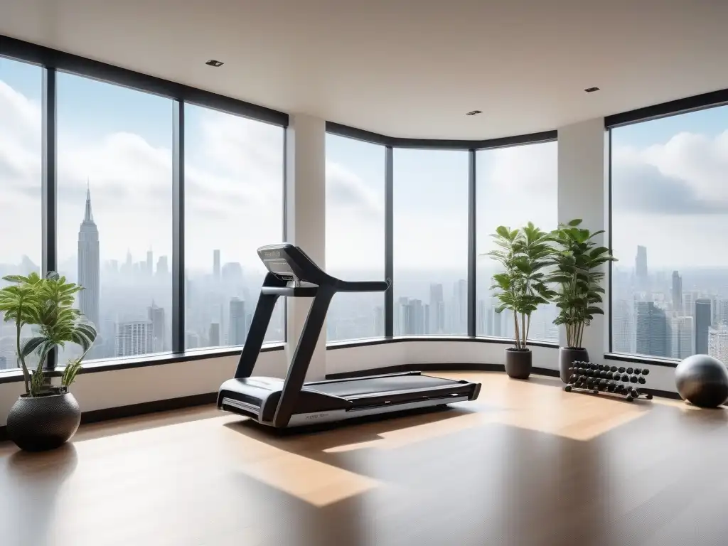 Moderno gimnasio en casa: equipo fitness de lujo en ambiente elegante Un gimnasio en casa de lujo con equipamiento fitness de última generación, elegante decoración y vista a la ciudad