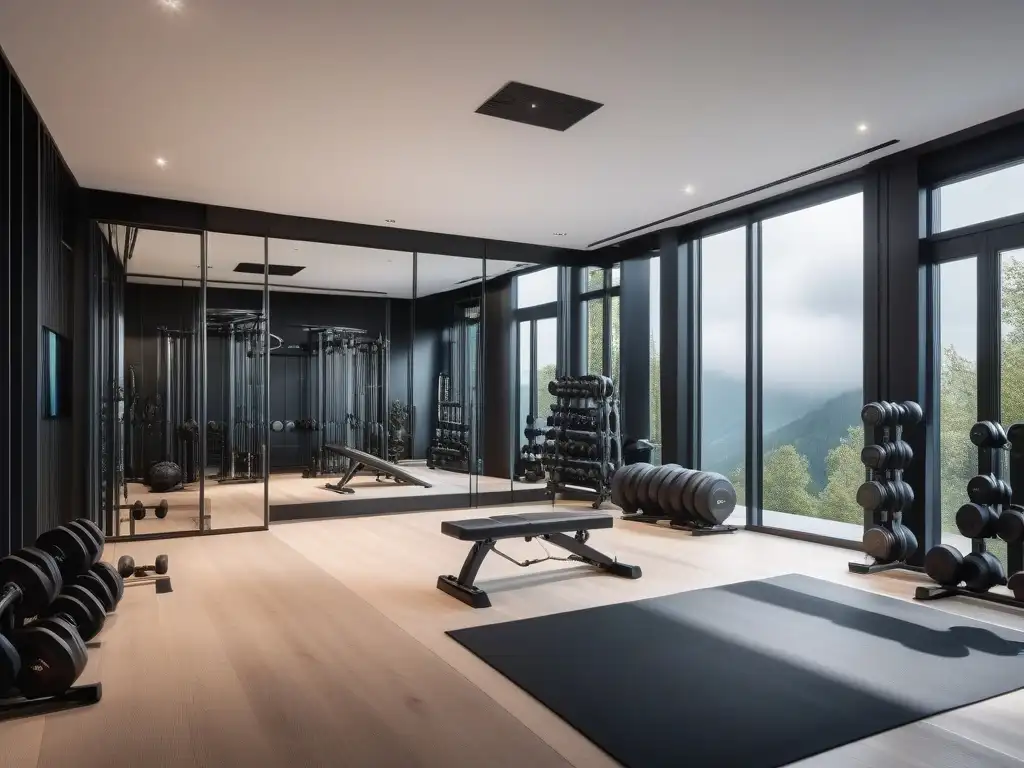 Gimnasio de lujo: equipamiento de alta gama para entrenamiento de fuerza Un gimnasio en casa de lujo con equipamiento fitness de lujo y diseño contemporáneo