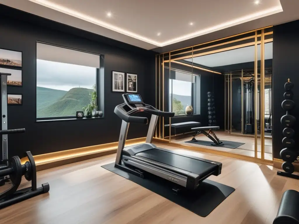 Gimnasio de lujo con equipamiento de alta gama y diseño futurista Un gimnasio en casa de lujo con equipamiento fitness de lujo y ambiente sofisticado