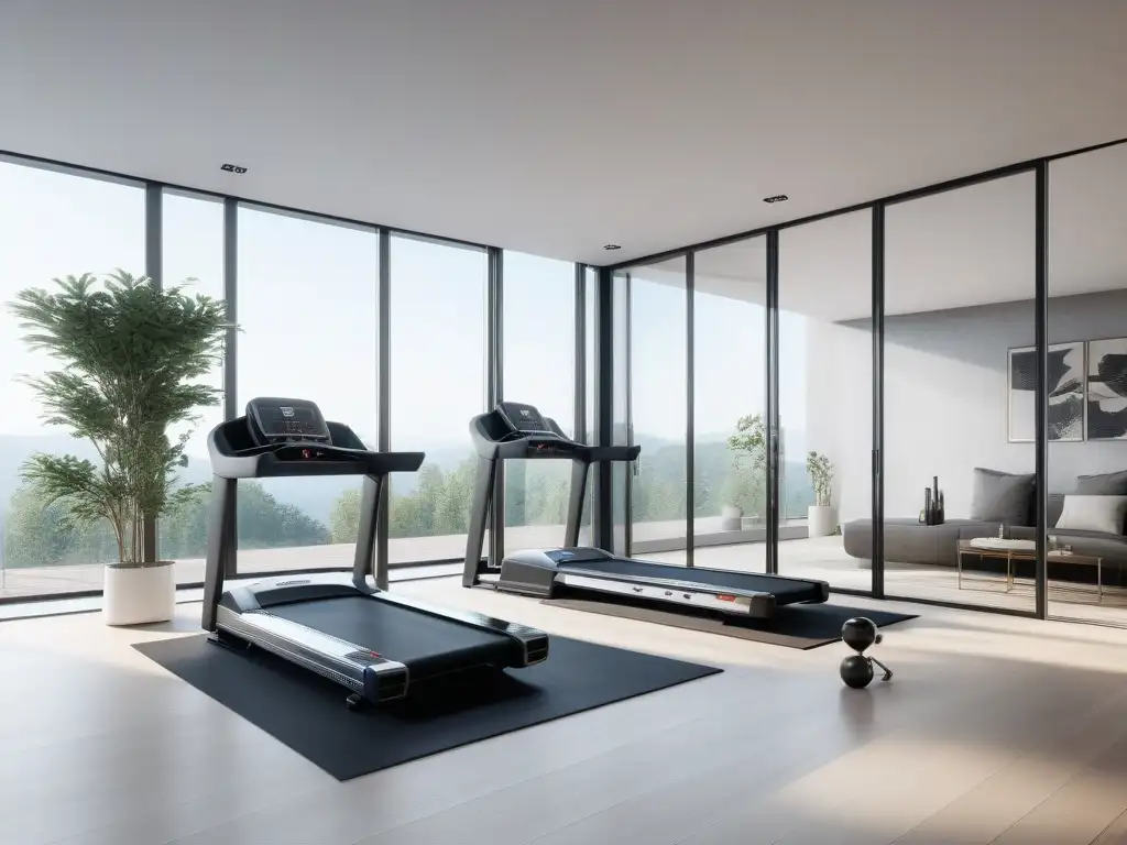 Gimnasio de lujo: equipo moderno en ambiente sofisticado Un gimnasio en casa de lujo con equipamiento fitness elegante, iluminación brillante y motivación en las paredes