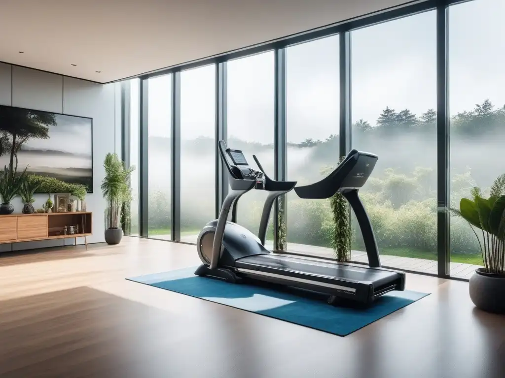 Gimnasio de lujo: equipo fitness de vanguardia en entorno natural Un gimnasio en casa de lujo con equipo fitness de última generación, plantas verdes y vistas a un jardín sereno