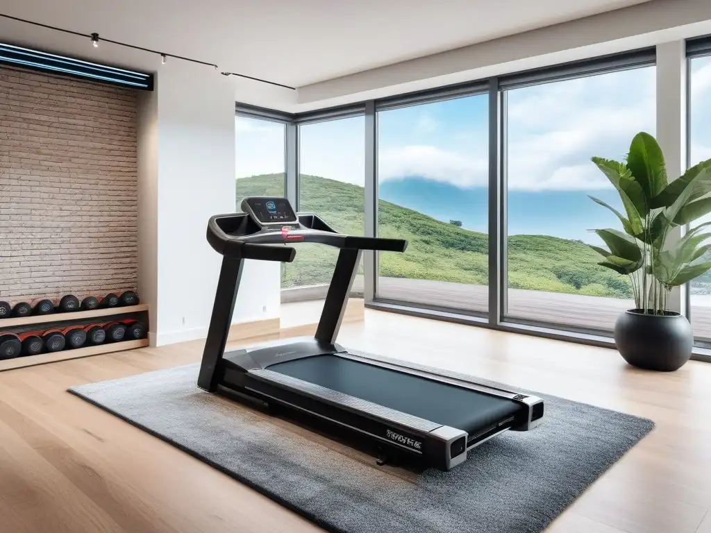 Gimnasio de lujo: Treadmill, pesas y motivación Un gimnasio en casa de lujo con treadmill, mancuernas, tapete y bandas de resistencia