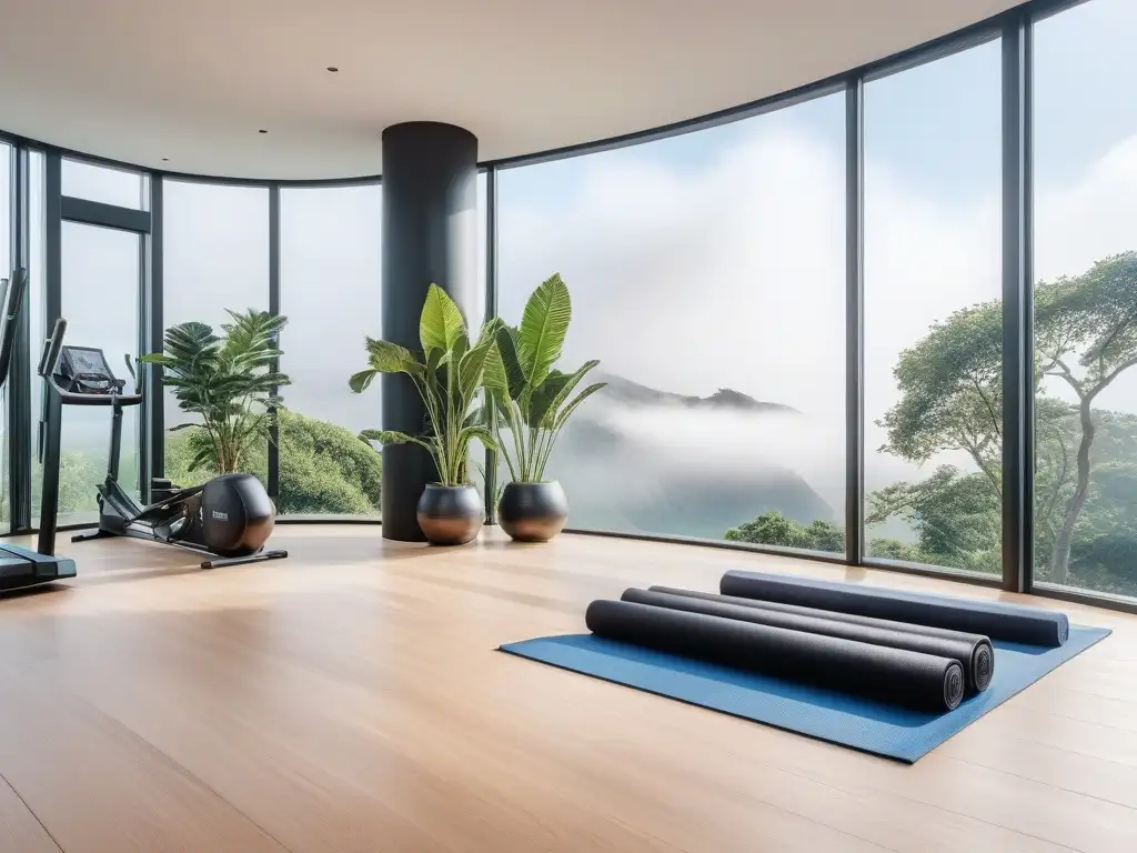 Gimnasio en casa de lujo con vista serena y equipamiento moderno Un gimnasio en casa de lujo y moderno con suelos de mármol, ventanas de piso a techo y equipamiento fitness lujo yoga pilates