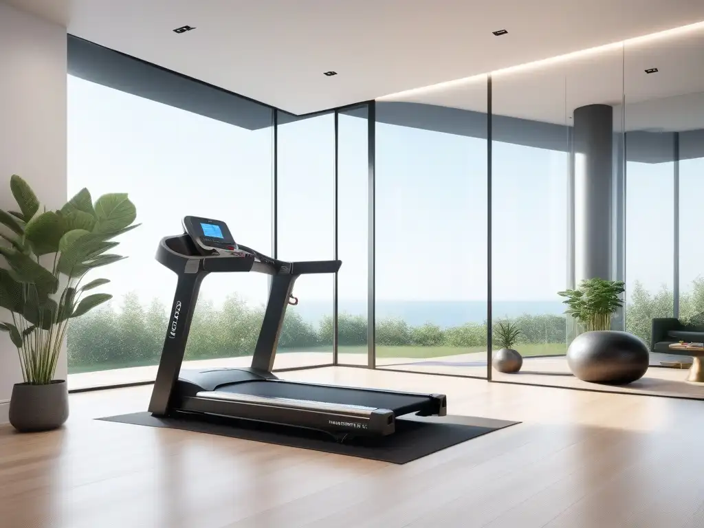 Gimnasio en casa de lujo y moderno con equipamiento de última generación Un gimnasio en casa de lujo y moderno con equipamiento fitness de alta tecnología y un rincón de yoga lujoso, bañado en luz natural
