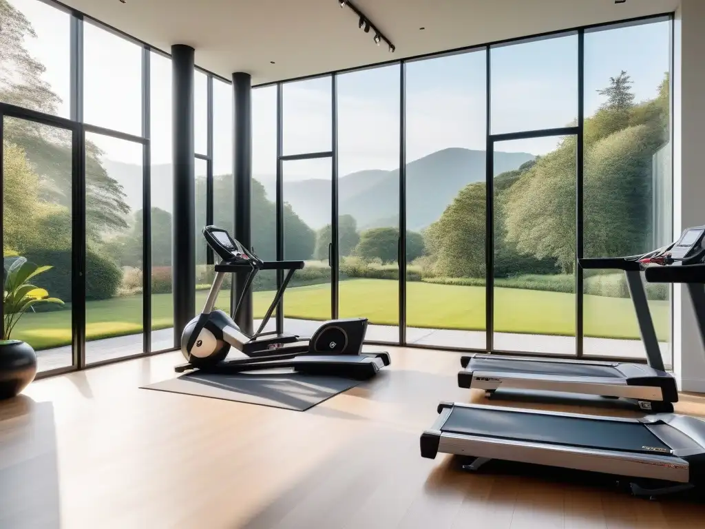 Moderno gimnasio en casa con equipamiento de lujo y vistas al jardín Un gimnasio en casa moderno con equipos de fitness de lujo, rodeado de ventanas panorámicas y un jardín exuberante