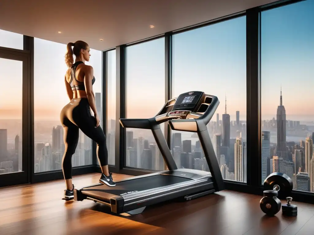 Gimnasio de lujo con equipo moderno y vista a la ciudad al atardecer Un gimnasio en casa moderno y lujoso con equipamiento fitness de alta gama y vista a la ciudad al atardecer