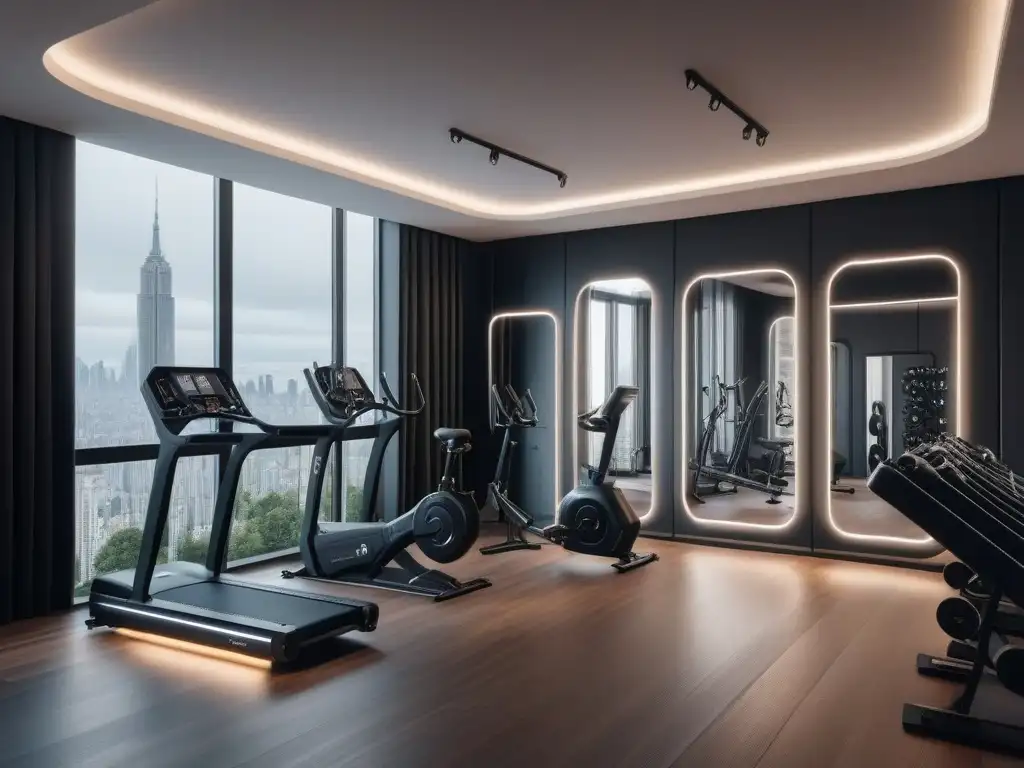 Estudio futurista para entrenamiento de petite: potencia y elegancia Un gimnasio elegante y sereno, con equipamiento premium para entrenamiento de cuerpos petite