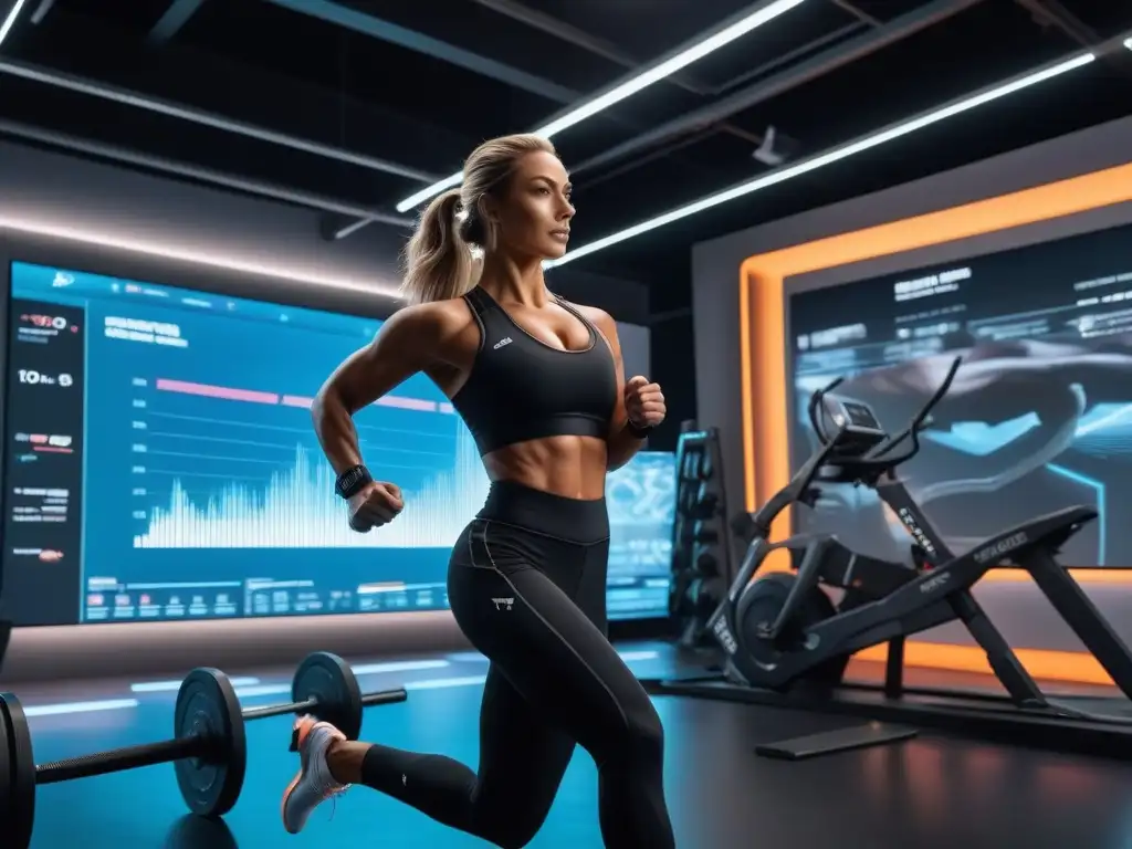 Atletas del futuro: tecnología y entrenamiento de élite en gimnasio moderno Un gimnasio futurista con atletas diversos y tecnología avanzada