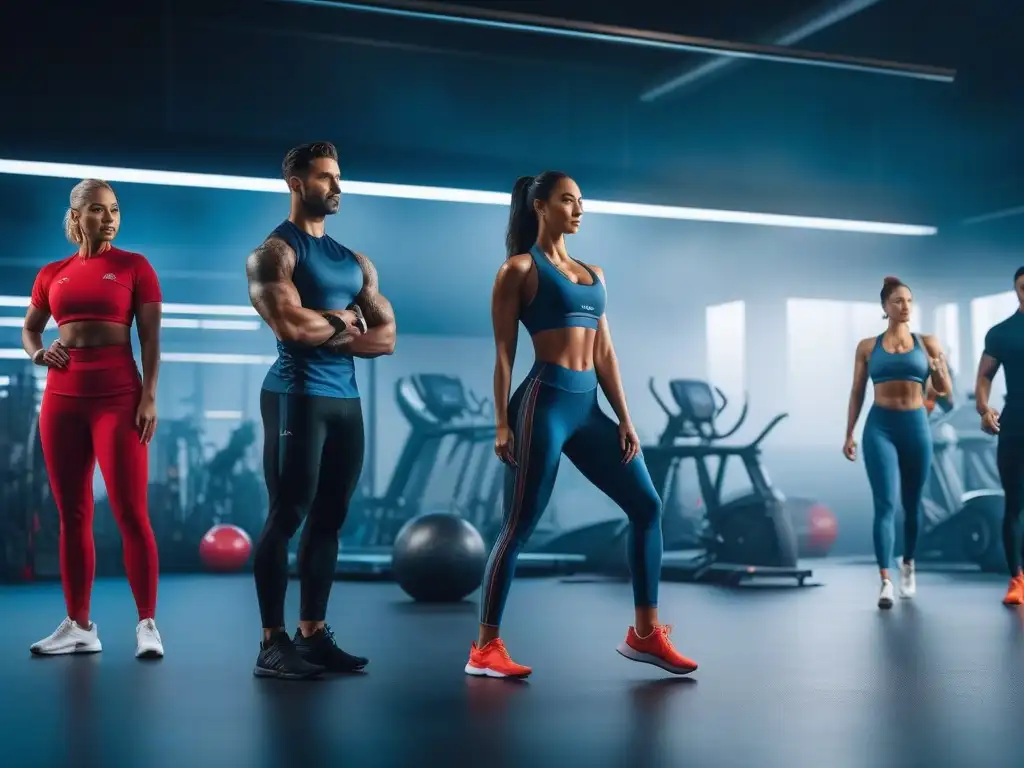Diversidad y energía en un gimnasio moderno Un gimnasio futurista con diversidad de personas haciendo ejercicio, desmitificando los productos adelgazantes