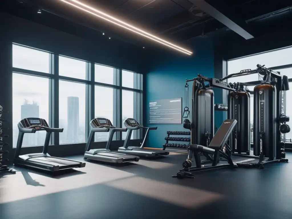 Moderno gimnasio futurista con suplementos: motivación y energía Un gimnasio futurista con equipamiento moderno y suplementos esenciales para entrenamiento intenso, energía inspiradora