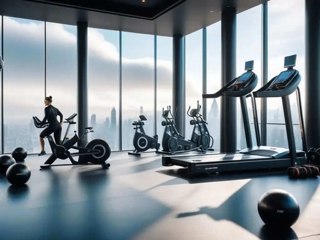 Gimnasio futurista con equipamiento de vanguardia y motivadora iluminación Un gimnasio futurista con equipo de alta tecnología y ambiente motivador