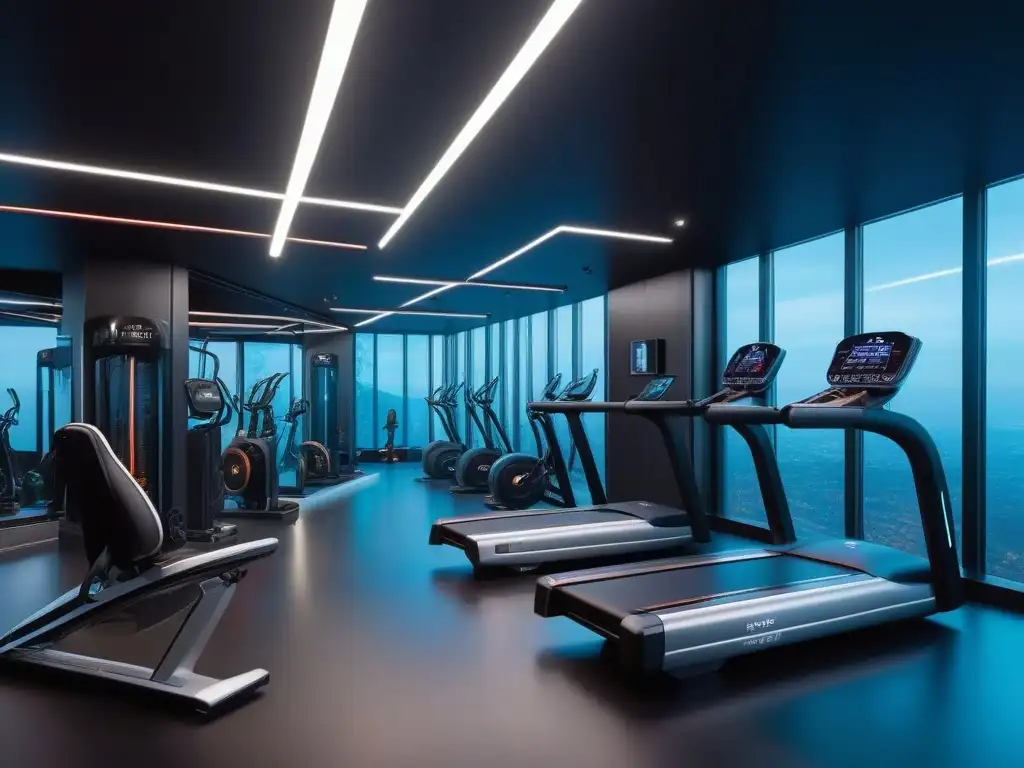 Gimnasio futurista de alta tecnología: entrenamiento de élite y motivación Un gimnasio futurista con equipos modernos, iluminación ambiental y entrenamiento premium transformar cuerpo valle
