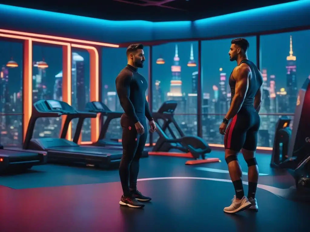 Metrópolis futurista: gimnasio moderno y diverso Un gimnasio futurista con personas diversas haciendo ejercicio, resaltando la importancia de las vitaminas y minerales en el fitness