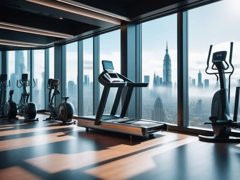 Gimnasio futurista con equipamiento metálico frente a ventanales Un gimnasio futurista y vibrante con equipo metálico, iluminado por luz natural y vistas a la ciudad