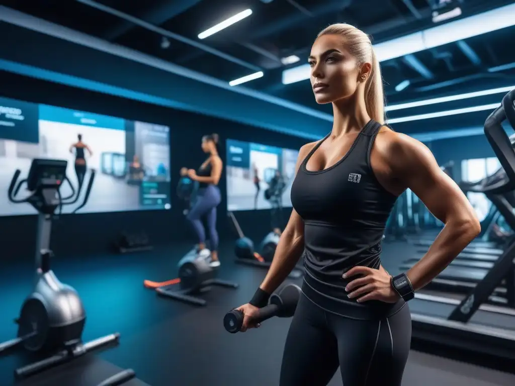 Gimnasio futurista: tecnología avanzada y diversidad en fitness Un gimnasio futurista y vibrante con programas de fitness inclusivos y personalizados, tecnología avanzada y diversidad